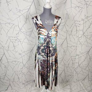 Reina Artsy Paisley Stretch Knit Scoop Back Y2K Midi Dress